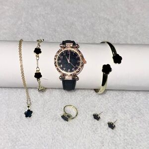 Luxury Jewelry and Watch Set with Black Clovers 6 pcs
